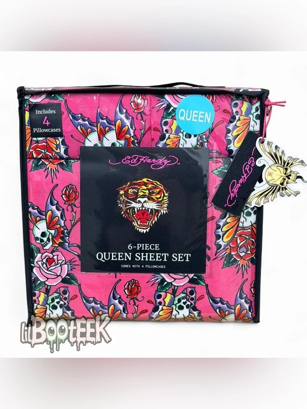 Ed Hardy QUEEN Pink Butterfly Rose Tattoo 6 Piece Sheet Set NEW VIRAL Y2K